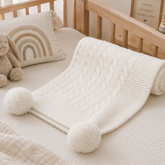 White cable knit baby blanket with fluffy pom poms, soft knitted baby wrap for newborns measuring 70 x 100cm.