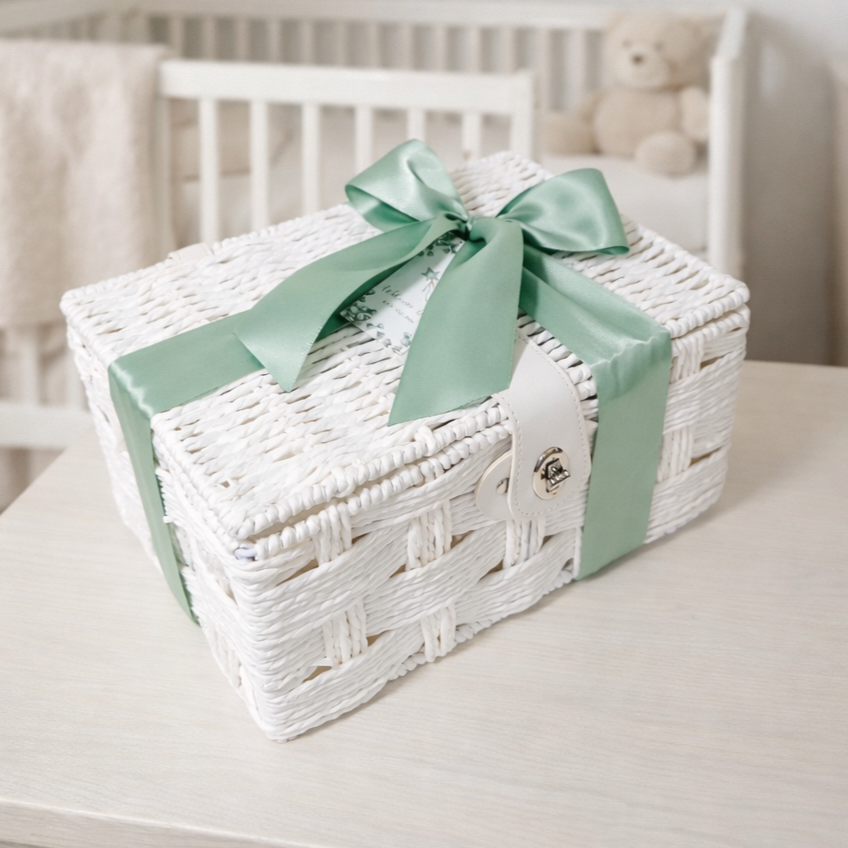 White wicker basket with a green ribbon - Baby Gift Hamper