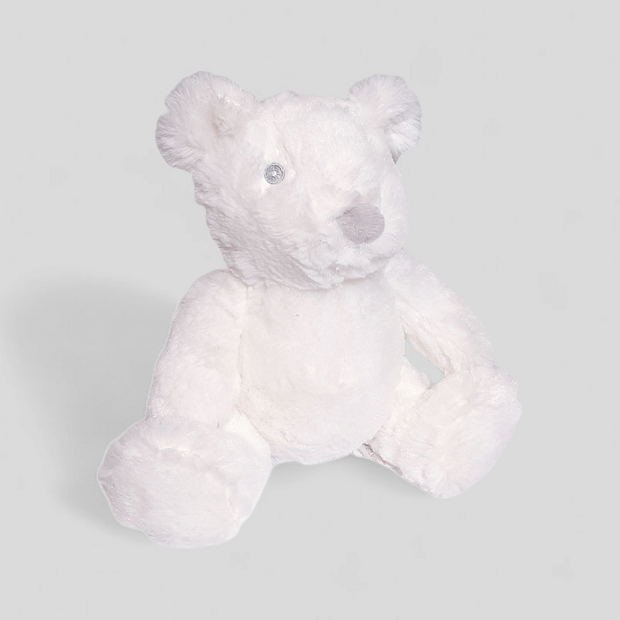 White plush teddy bear from BAMBINO BY JULIANA – soft 18cm baby comfort toy with embroidered features