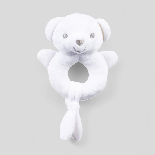 White teddy soft baby rattle – eco-friendly 15cm plush toy for newborn sensory play and baby gifting