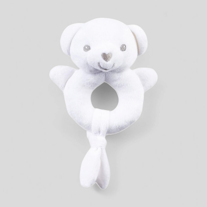 White teddy soft baby rattle – eco-friendly 15cm plush toy for newborn sensory play and baby gifting
