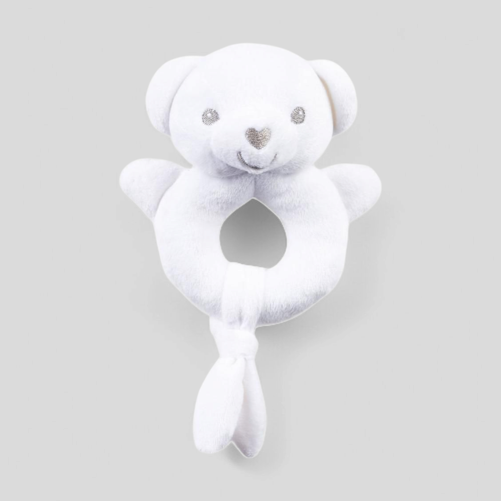 White teddy soft baby rattle – eco-friendly 15cm plush toy for newborn sensory play and baby gifting