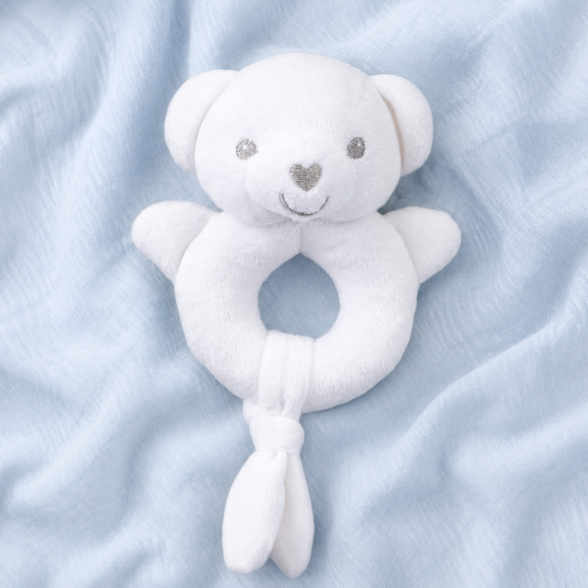 White teddy soft baby rattle – eco-friendly 15cm plush toy for newborn sensory play and baby gifting