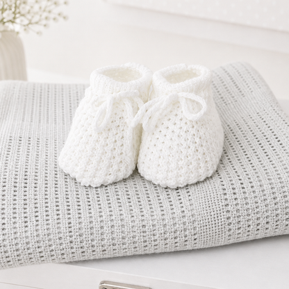 White baby booties – soft unisex newborn gift for baby boys or girls