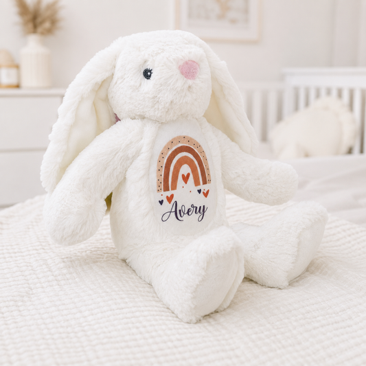 White personalised plush floppy bunny – personalised baby toy and newborn gift from Ema and Boo