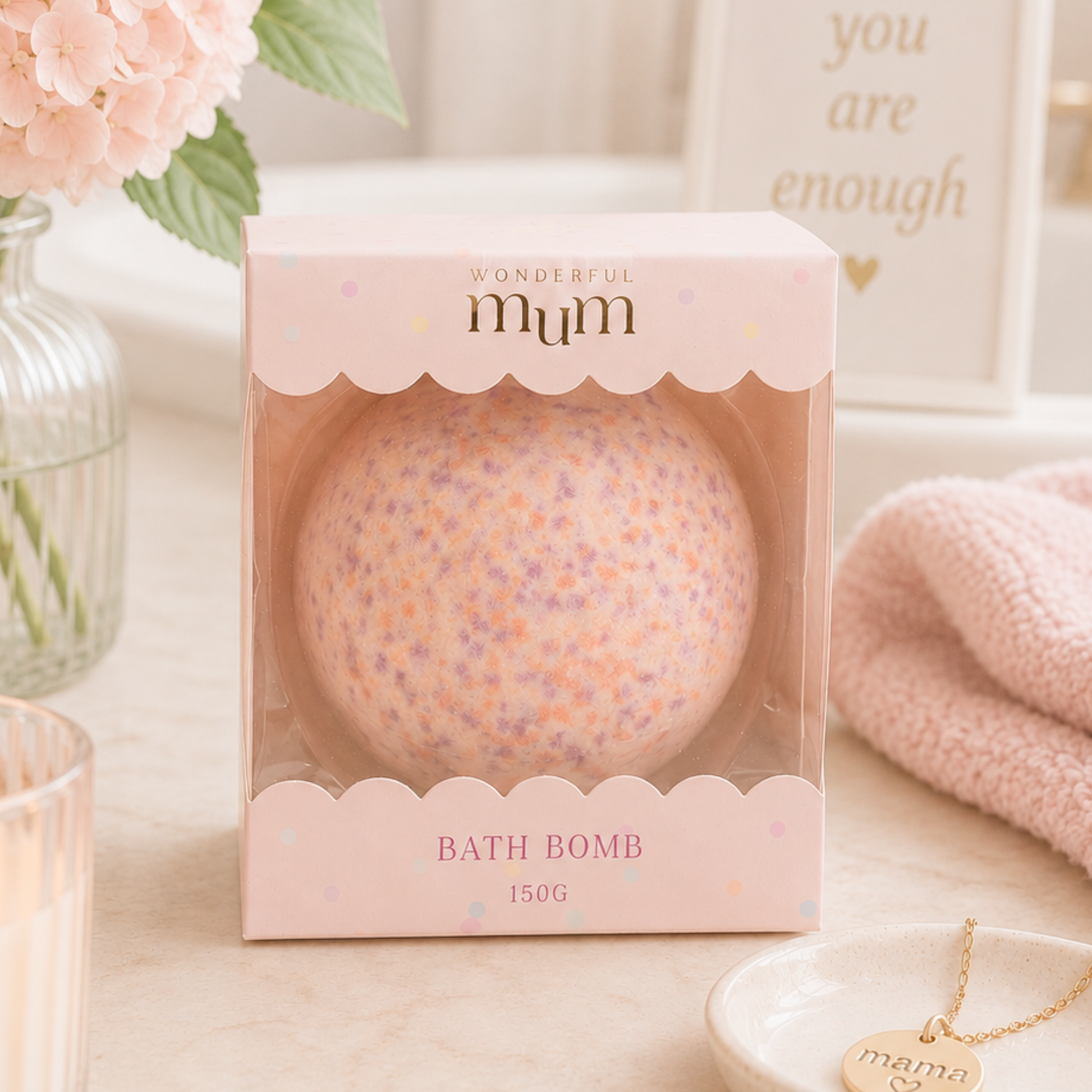 Wonderful Mum strawberry bath bomb in pink gift box, self-care gift for new mum hampers, baby shower gifts and new mum care packages