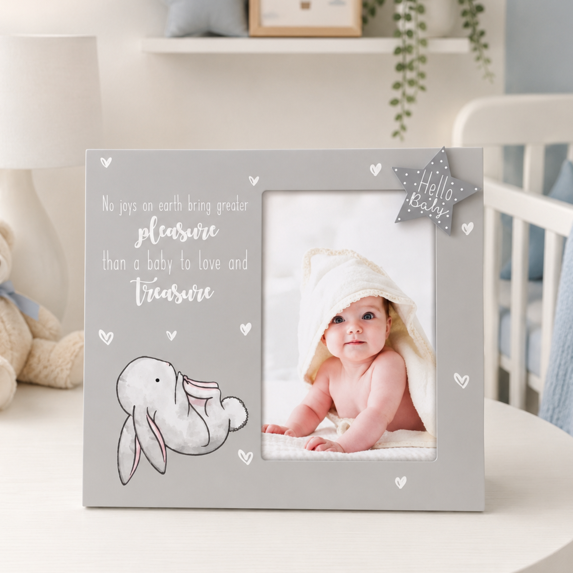 Adorable baby wooden frame in white with bunny design.