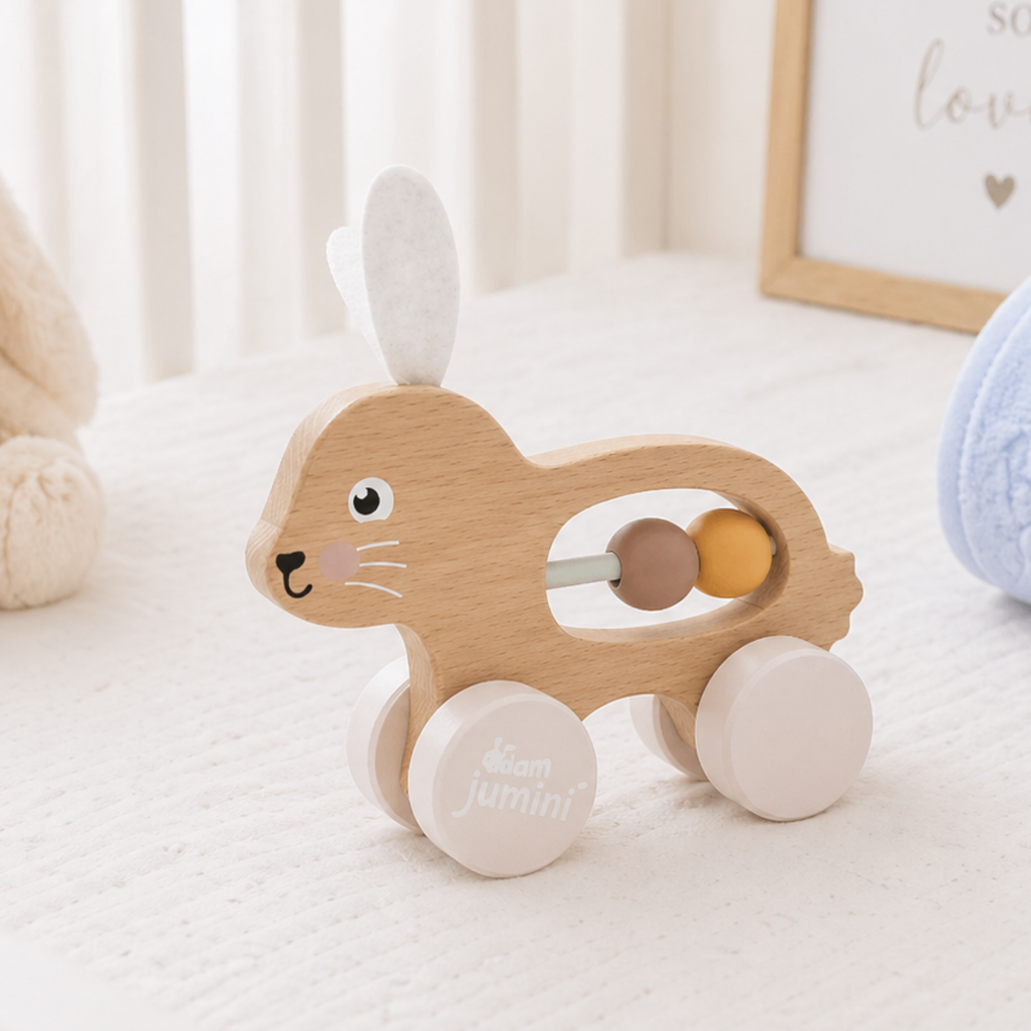 wooden bunny push along toy baby girl gift hamper newborn wooden toy neutral nursery gift