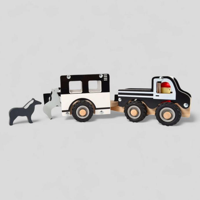 Wooden toy truck with horse trailer and two horses – wooden play set with rubber wheels and opening gate