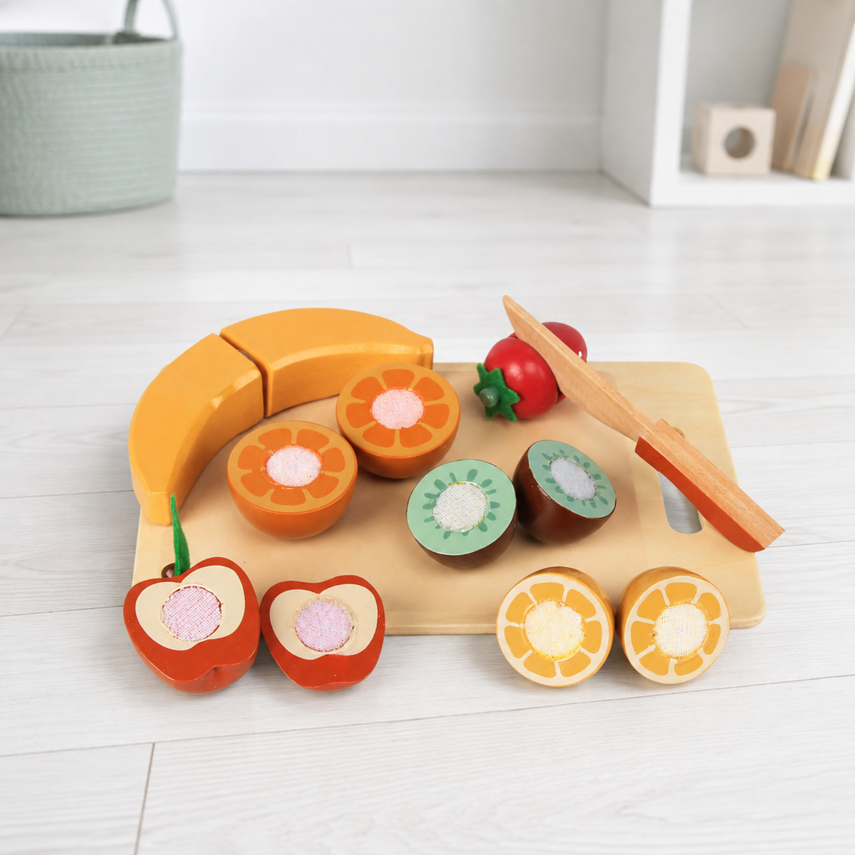 Wooden cutting fruit play food set with chopping board and toy knife for children