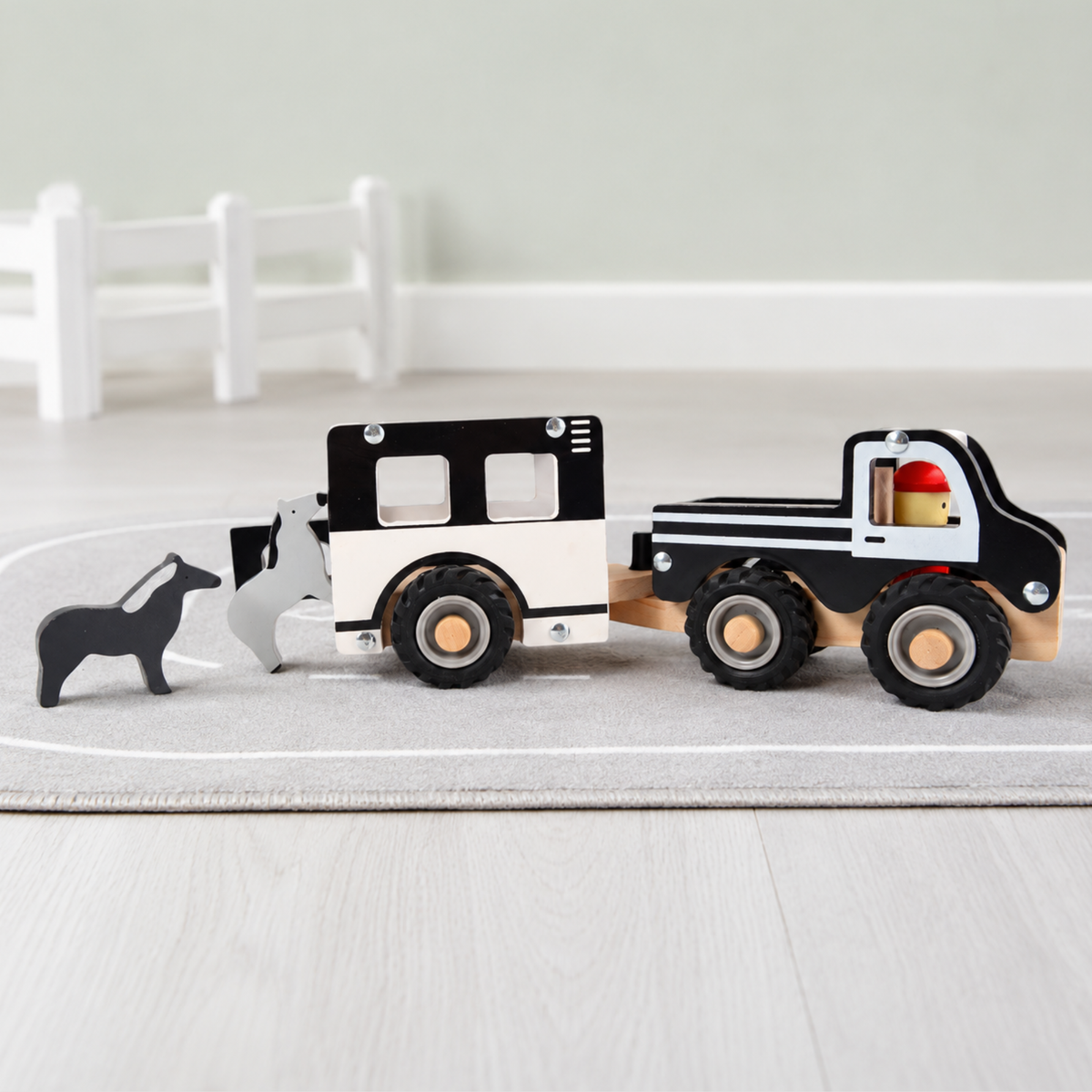 Wooden truck and horse trailer toy set with two horses for toddlers