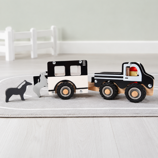 Wooden truck and horse trailer toy set with two horses for toddlers