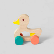 Load image into Gallery viewer, Gift for babies, push along wooden duck in orange, teal and yellow

