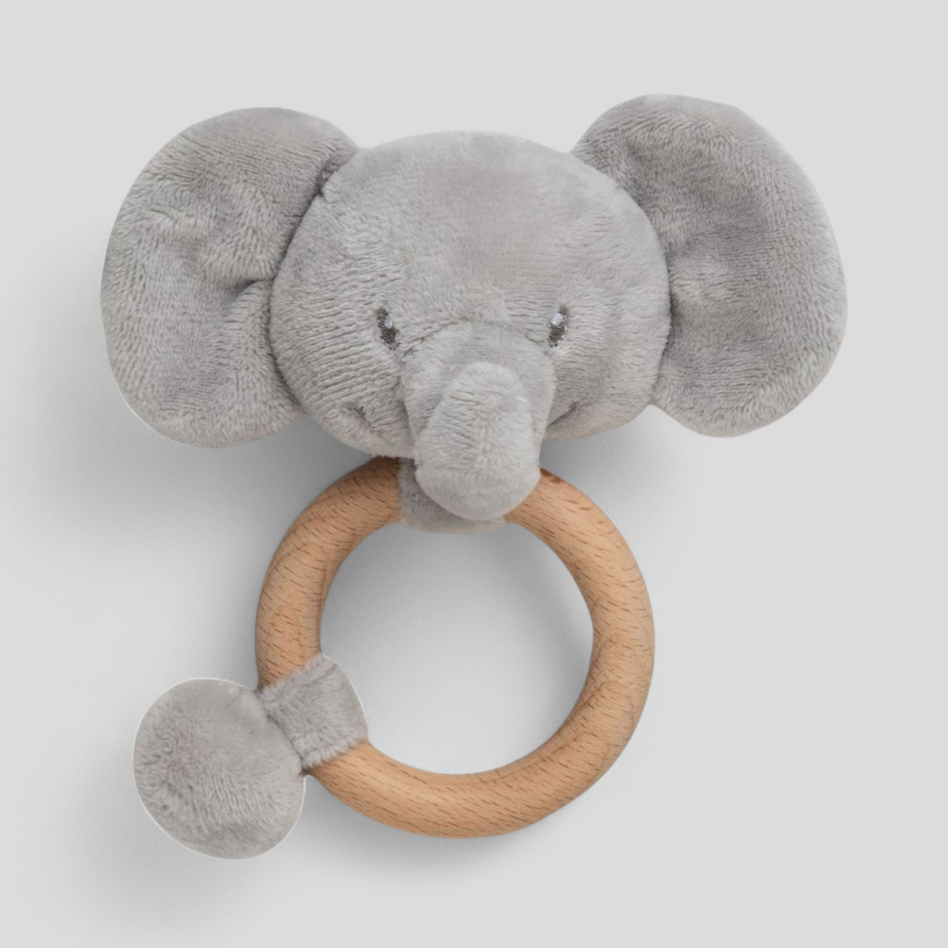 Gray elephant plush toy with a wooden ring 