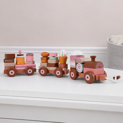 Wooden stacking train toy with colourful cakes and sweet treats for toddlers