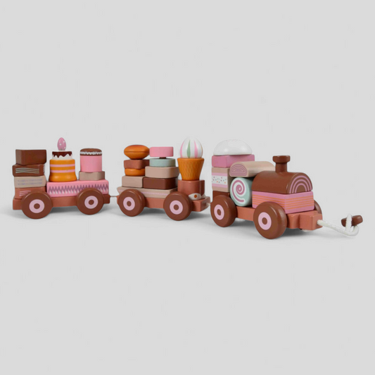 Wooden train with stacking cakes – colourful wooden toddler toy with cake and sweet designs