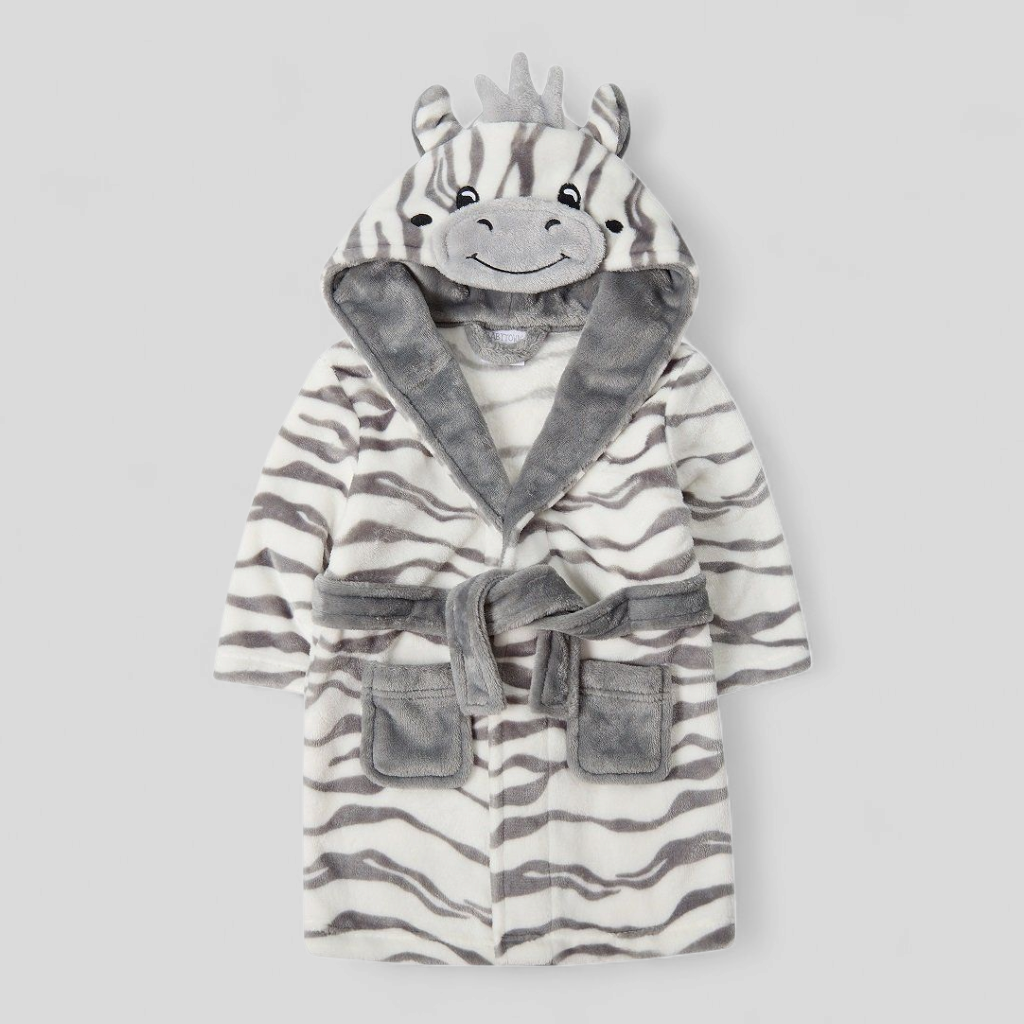 Zebra-themed baby robe with a hood on a light gray background