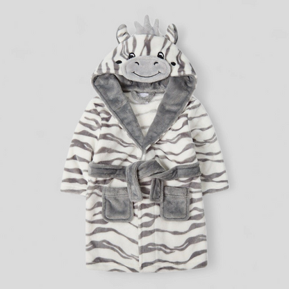 Zebra-themed baby robe with a hood on a light gray background