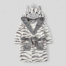 Load image into Gallery viewer, Zebra-themed baby robe with a hood on a light gray background
