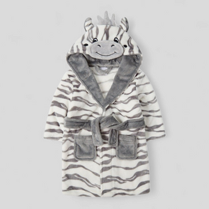 Zebra-themed baby robe with a hood on a light gray background