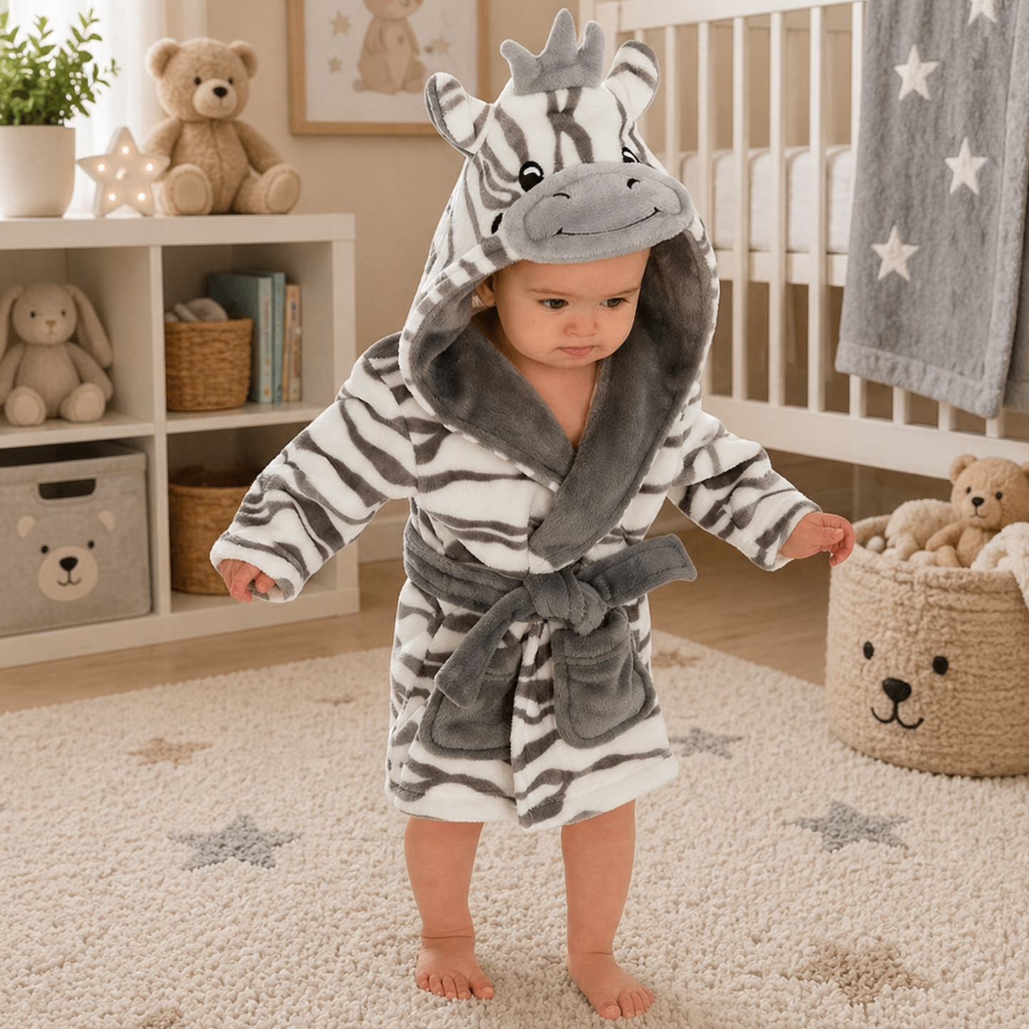 Baby wearing zebra hooded dressing gown soft plush baby bath robe animal baby gift