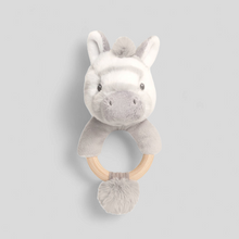 Load image into Gallery viewer, Grey plush zebra toy with wooden ring 
