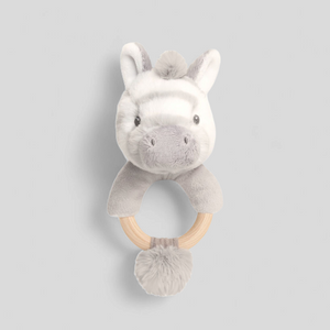 Grey plush zebra toy with wooden ring 