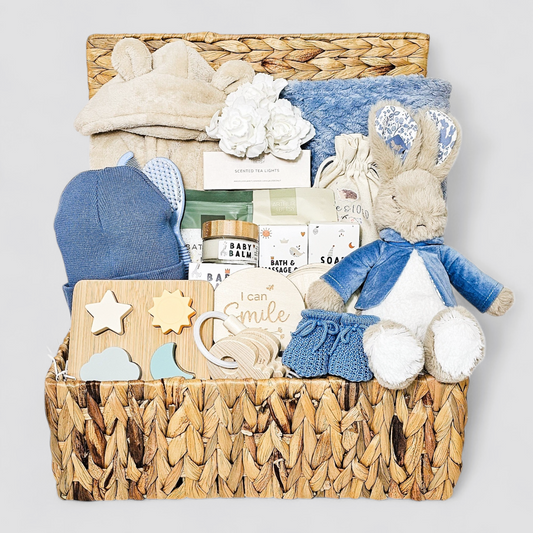 baby boy hamper with peter rabbit toy and blanket