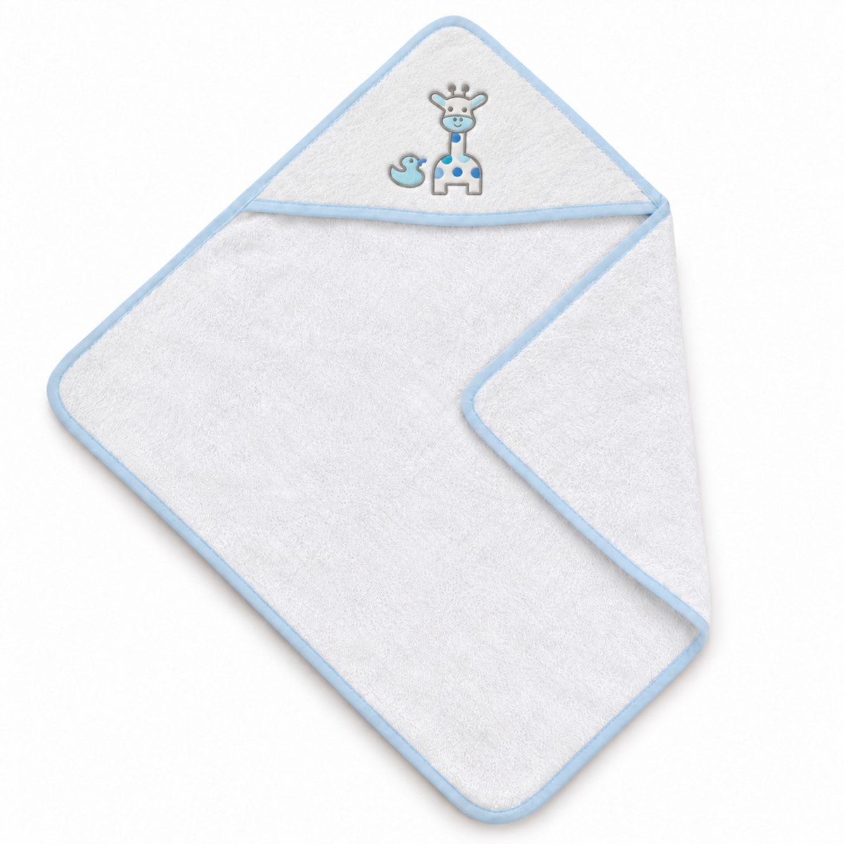 White cotton hooded baby bath towel with baby blue edging and giraffe and duck embroidery, displayed laid flat.