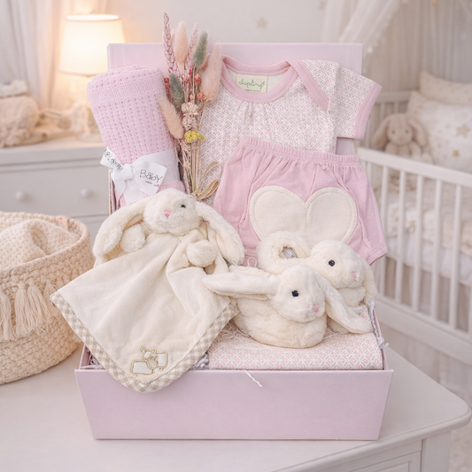 bunny snuggles baby girl hamper gift with organic cotton clothing bunny comforter and pink cellular blanket