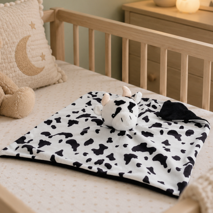 Soft black and white cow baby comforter security blanket
