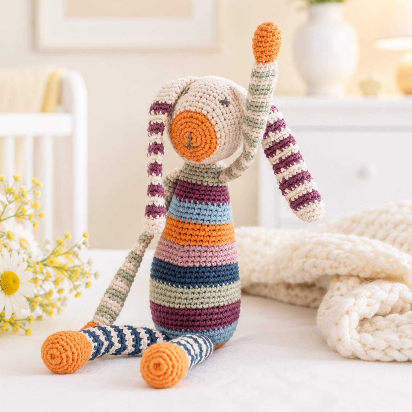 colourful crochet bunny toy for baby girl gift hamper spring baby gift box