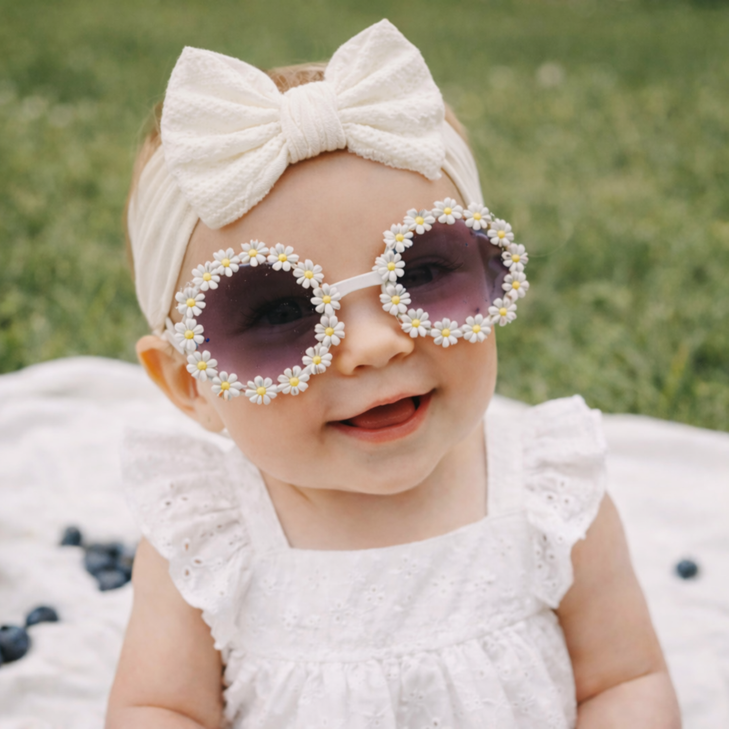 baby girl daisy sunglasses with white bow headband for spring baby outfit and gifts
