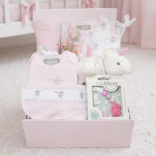 dancing ballerina baby girl hamper gift with cotton clothing set blanket and unicorn rattles