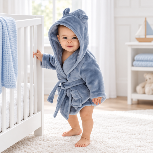 Baby wearing a dusty blue plush hooded dressing gown with cute bear ears