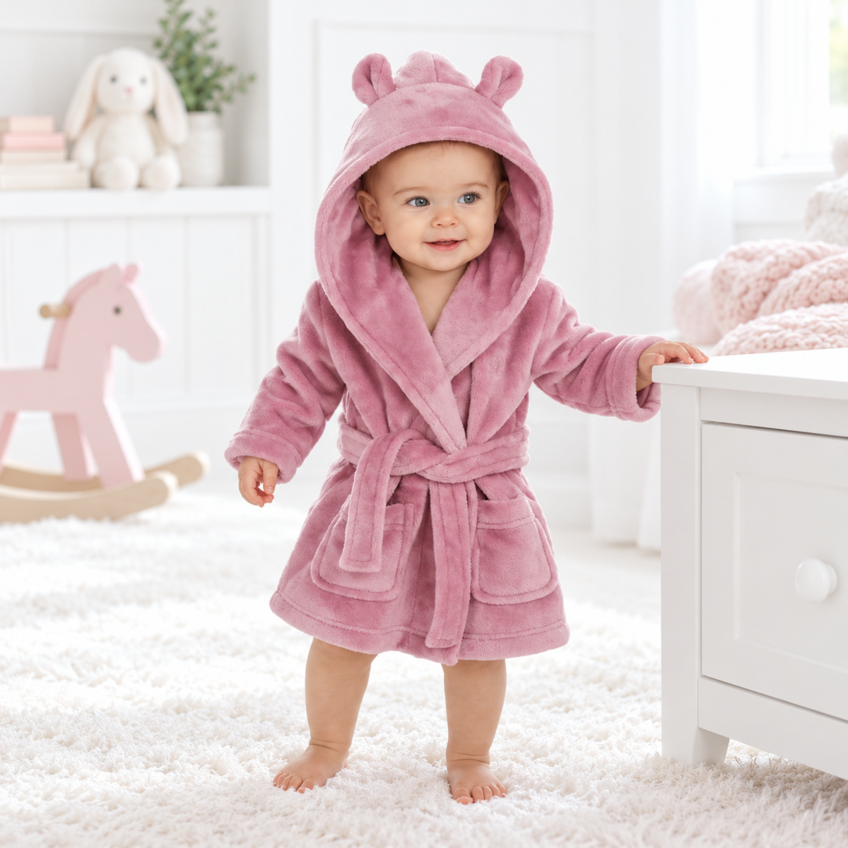 Baby girl wearing a dusty rose pink plush dressing gown with bear ears and front pockets