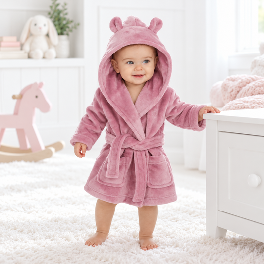 Baby girl wearing a dusty rose pink plush dressing gown with bear ears and front pockets