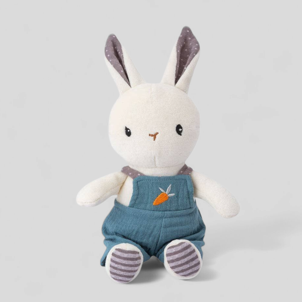 Organic cotton toy bunny in blue dungarees