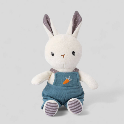 Organic cotton toy bunny in blue dungarees