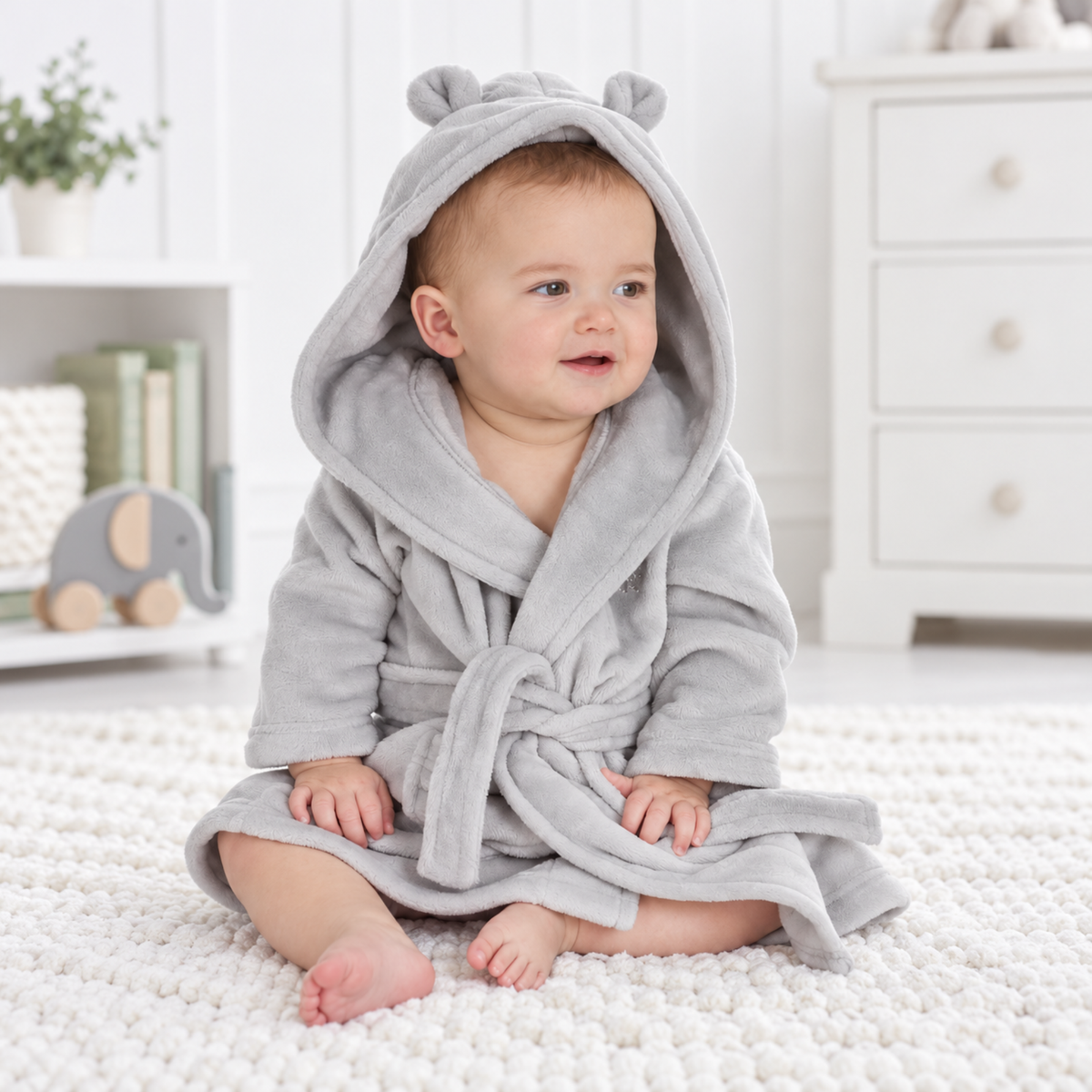 Baby sitting in a silver grey hooded dressing gown with little bear ears and tie belt