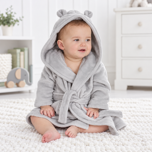 Baby sitting in a silver grey hooded dressing gown with little bear ears and tie belt