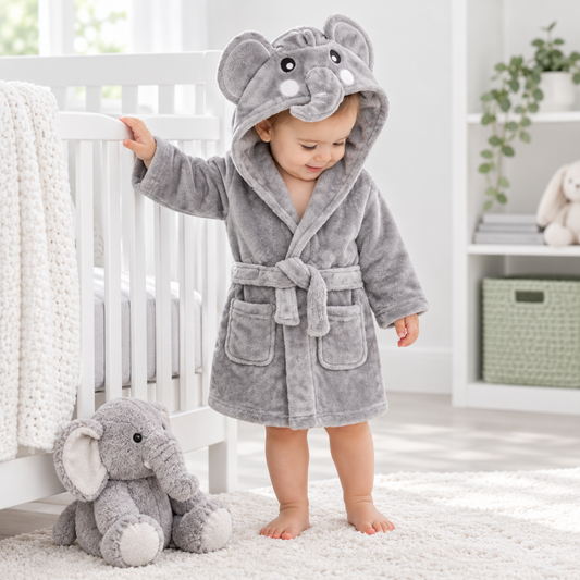 Baby wearing a soft grey elephant hooded dressing gown with 3D ears and trunk