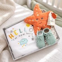Load image into Gallery viewer, hello little star baby gift box with sleepsuit plush starfish toy and baby booties
