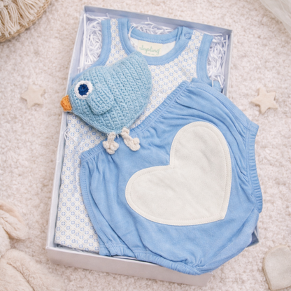 little bluebird baby boy gift box with blue baby bloomers vest and knitted bird rattle