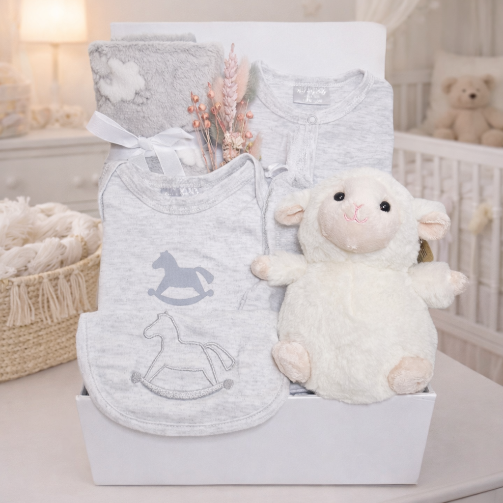 little lamb neutral baby hamper gift with plush lamb toy baby blanket and newborn clothing set