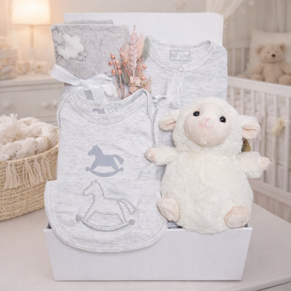 little lamb neutral baby hamper gift with plush lamb toy baby blanket and newborn clothing set