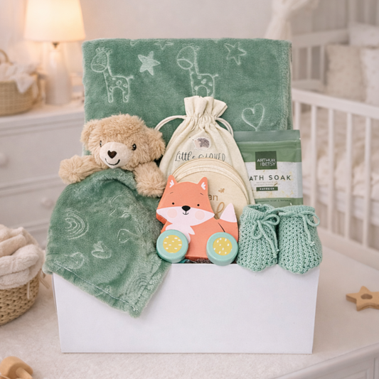neutral baby gift hamper with sage green blanket fox wooden toy baby booties and bear comforter