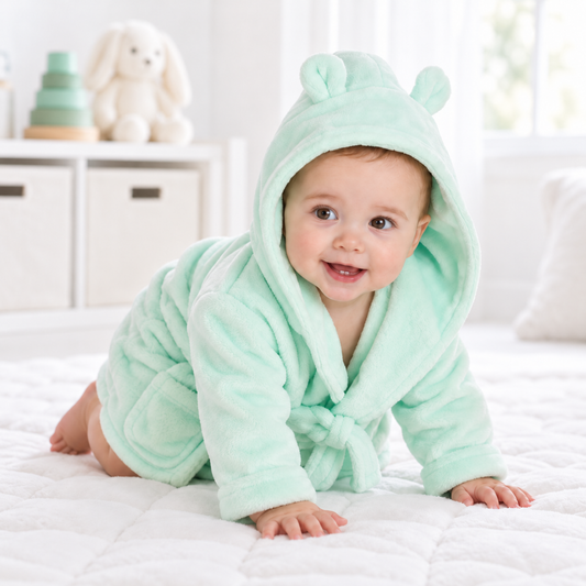 Smiling baby wearing a mint green plush baby bathrobe with bear ears