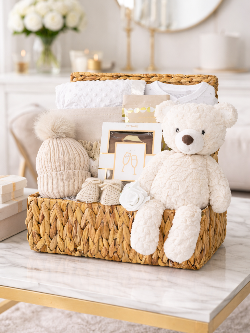 Luxury baby hamper with teddy bear, baby essentials and thoughtful gifts for new parents in a neutral living room setting.