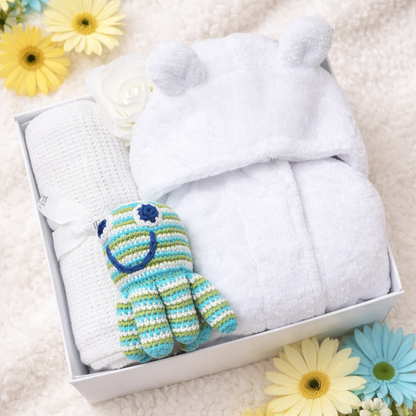 ocean snuggles baby shower gift box with plush baby robe blanket and octopus rattle